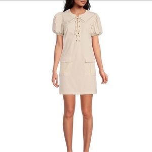 LDT NWT Rae Lace Up Round Neck Short Puff Sleeve Mini Dress Size 14